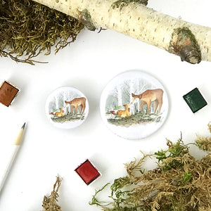 Badge / Magnet / Miroir . Biche et Faon d'automne