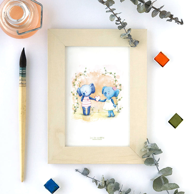 Illustration d'art "Amour de Koalas" proposée par Caroline CROCHET (CroCa), illustratrice jeunesse créatrice de Jus de carotte éditeur de bonheur.