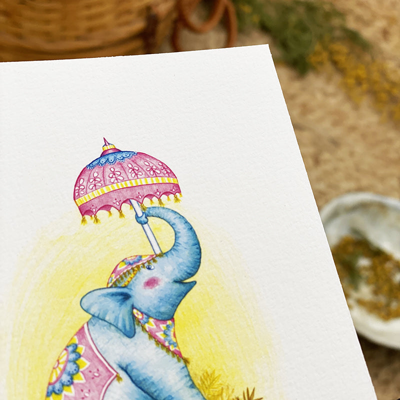 Illustration / Carte d'art . Tom l'éléphant d'Asie . Le pal Nature