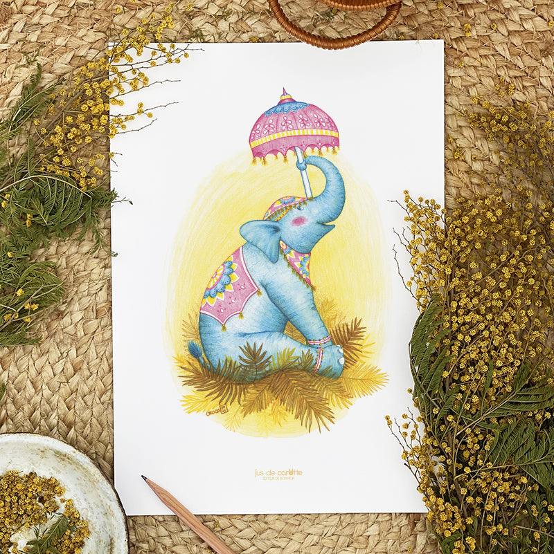 Illustration / Carte d'art . Tom l'éléphant d'Asie . Le pal Nature