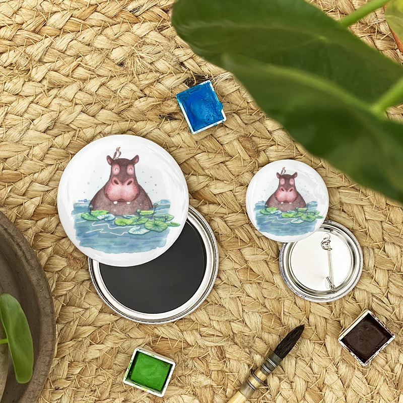 Badge / Magnet . Image l'hippopotame . Le Pal Nature