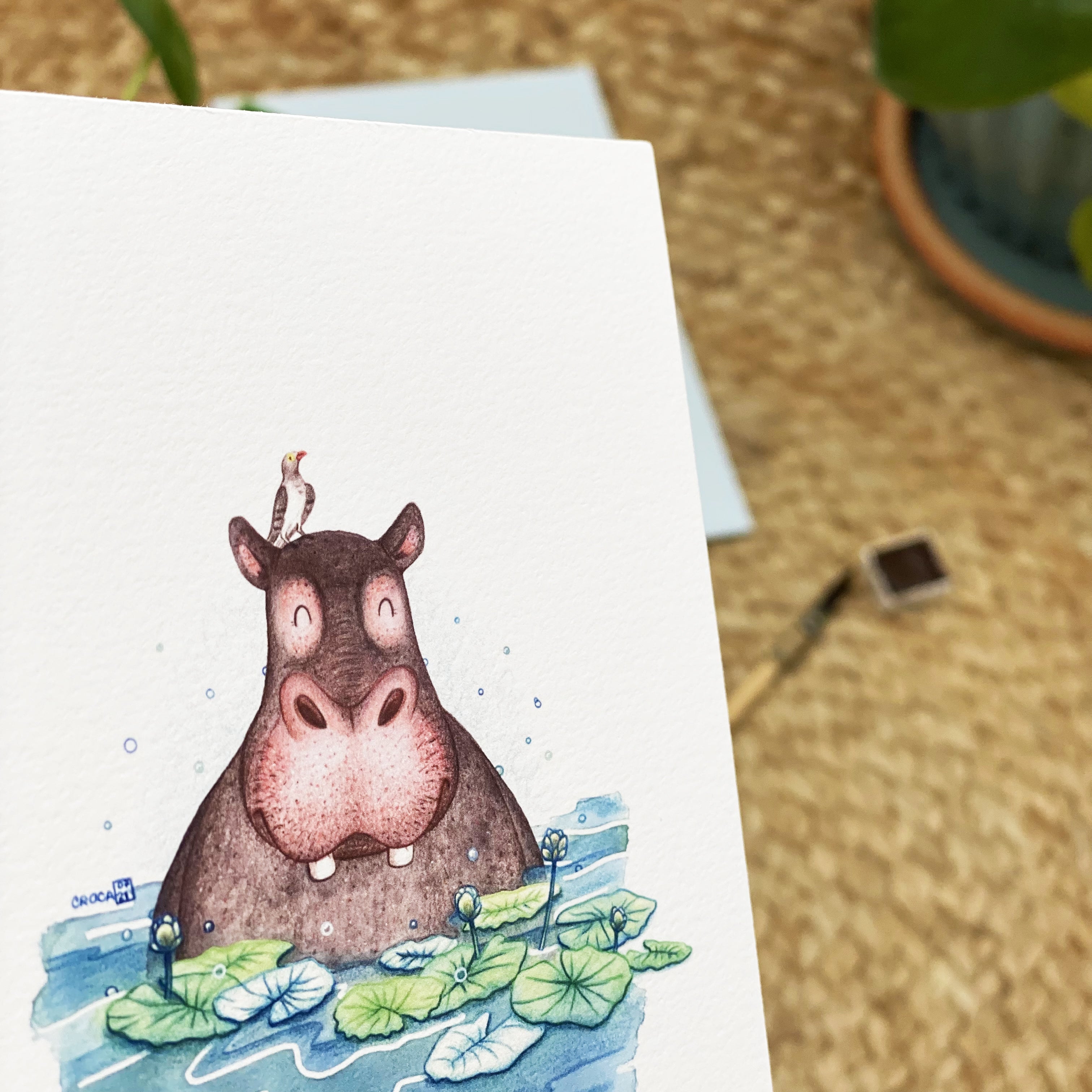 Illustration / Carte d'art . Image d'hippopotame . Le pal Nature