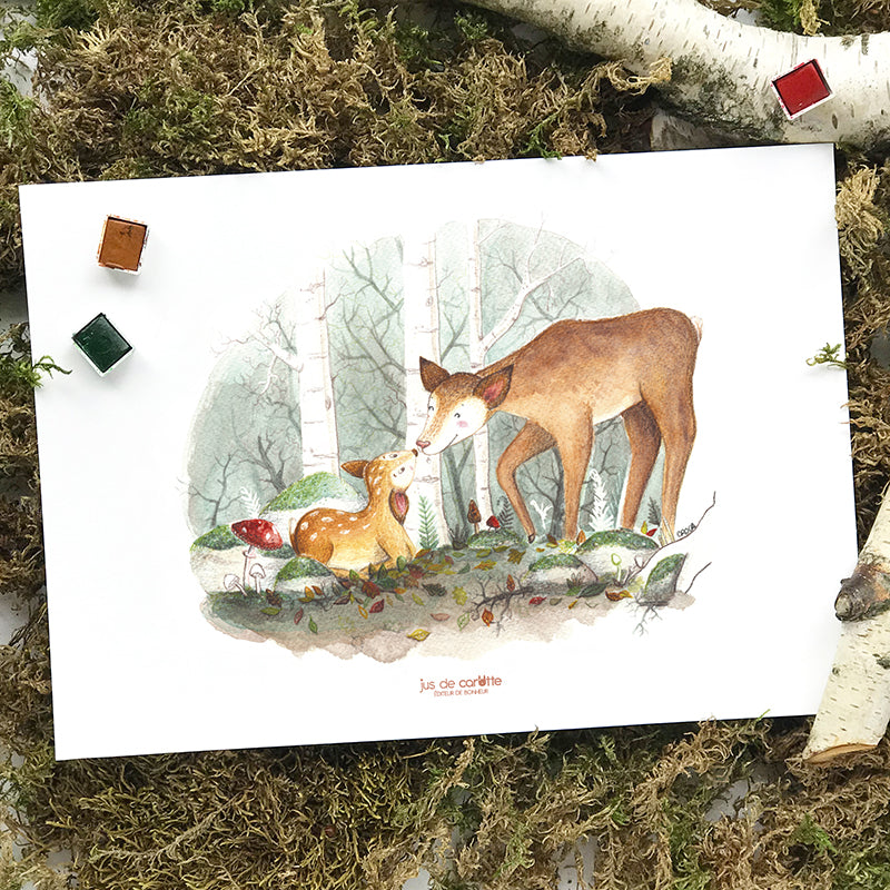 Carte d'art . Biche et Faon d'automne