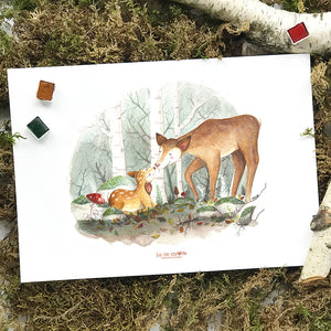 Carte d'art . Biche et Faon d'automne