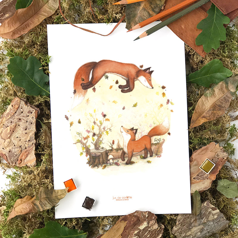 Illustration "Jeux de renards", réalisée avec des aquarelles et crayons de couleurs. Design Caroline CROCHET (CroCa) - Jus de carotte éditions