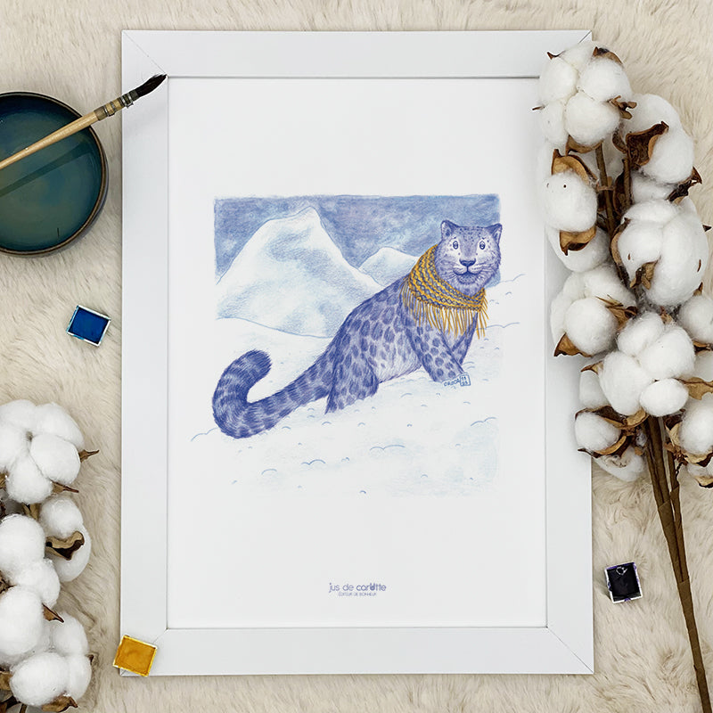 Illustration / Carte d'art . Maléo la panthère des neiges . Le pal Nature