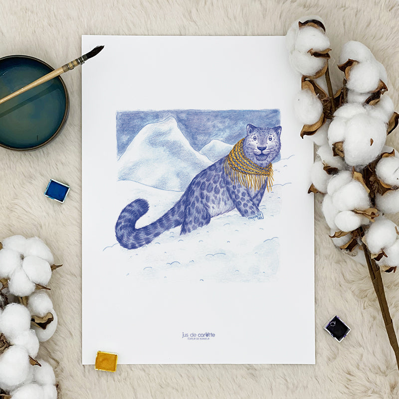 Illustration / Carte d'art . Maléo la panthère des neiges . Le pal Nature