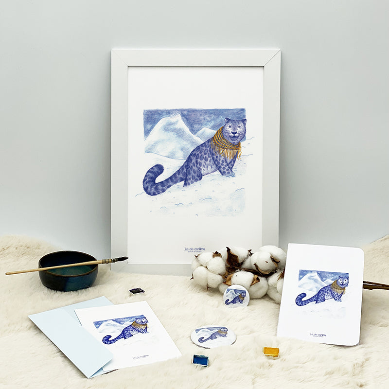 Illustration / Carte d'art . Maléo la panthère des neiges . Le pal Nature