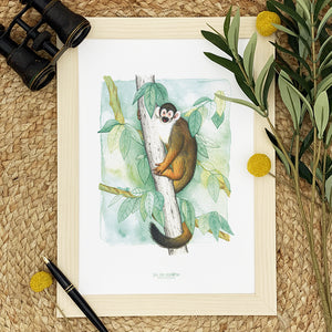 Illustration / Carte d'art . Opie le saïmiri jaune . Le pal Nature