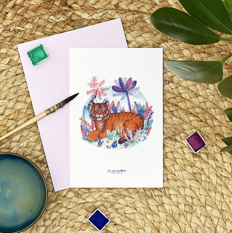 Illustration / Carte d'art . Taru le tigre de Sumatra . Le pal Nature